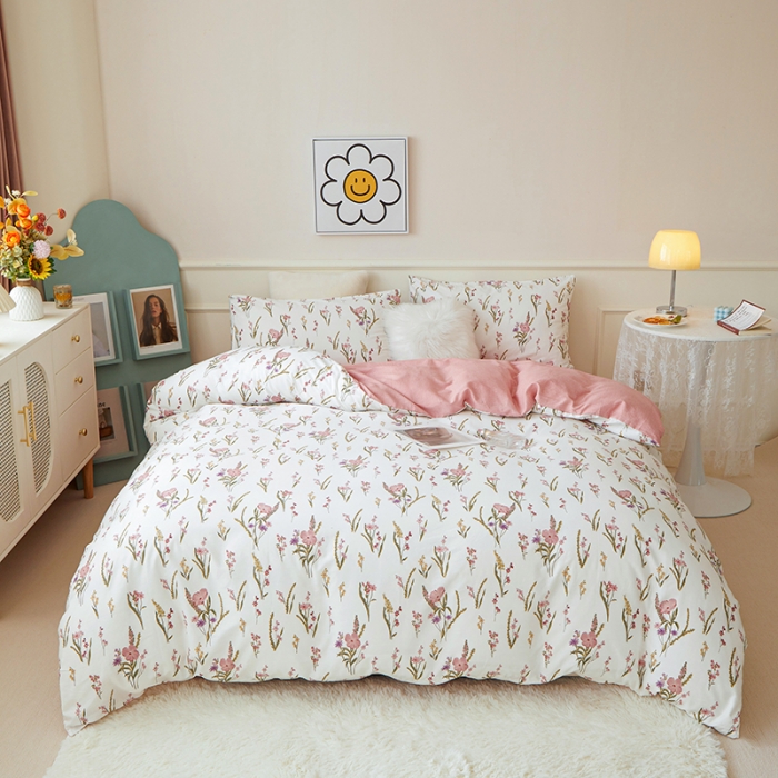 91家纺网 家纺一手货源 找家纺 一米阳光2022新款13070斜纹纯棉喷漆春夏四件套粉红佳人