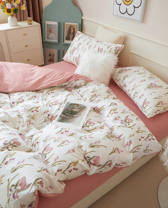 91家纺网 家纺一手货源 找家纺 一米阳光2022新款13070斜纹纯棉喷漆春夏四件套粉红佳人