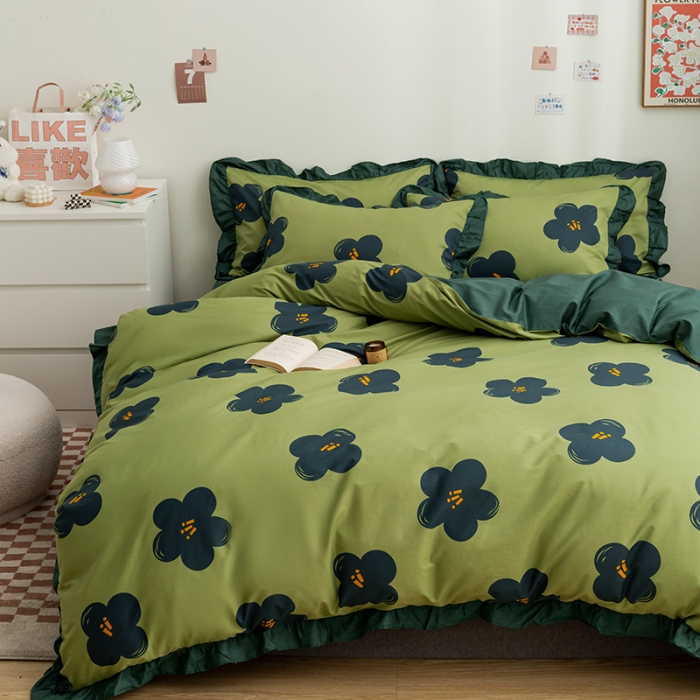 91家纺网 家纺一手货源 找家纺 简宜家居 2022新款简约纯棉四件套 绿怡（花边）