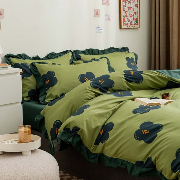 91家纺网 家纺一手货源 找家纺 简宜家居 2022新款简约纯棉四件套 绿怡（花边）