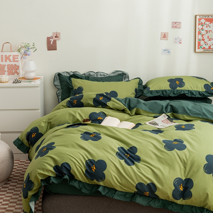 91家纺网 家纺一手货源 找家纺 简宜家居 2022新款简约纯棉四件套 绿怡（花边）