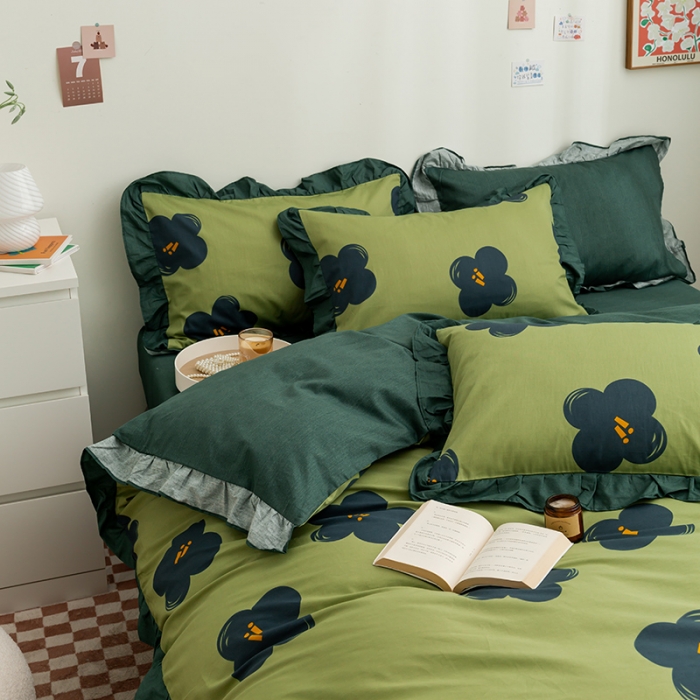 91家纺网 家纺一手货源 找家纺 简宜家居 2022新款简约纯棉四件套 绿怡（花边）