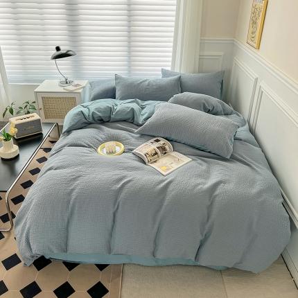 91家纺网 家纺一手货源 找家纺 雅萱 2022新款全棉华夫格水洗棉四件套普通款 雾蓝