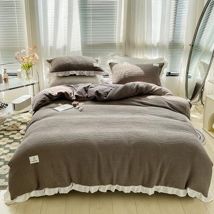 91家纺网 家纺一手货源 找家纺 雅萱 2022新款全棉华夫格水洗棉四件套花边款 深灰