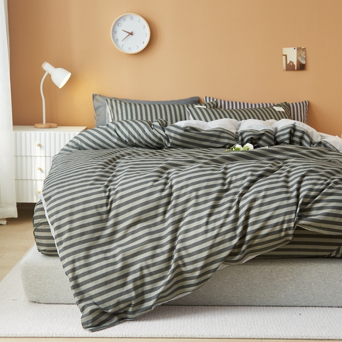 91家纺网 家纺一手货源 找家纺 宝士康家纺2022新款无印风系列床单三件套 简约灰条