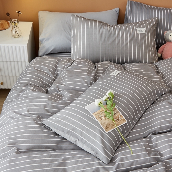 91家纺网 家纺一手货源 找家纺 宝士康家纺2022新款无印风系列床单三件套 麻灰白条