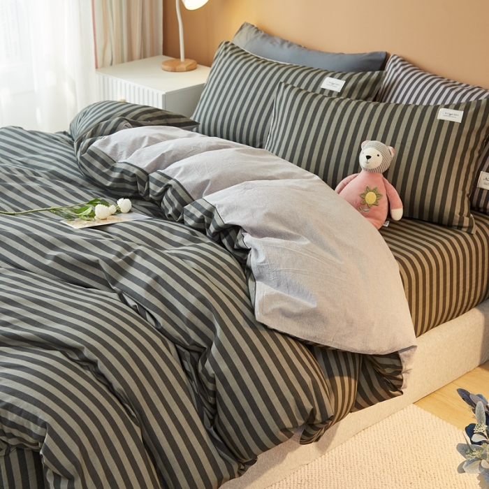 91家纺网 家纺一手货源 找家纺 宝士康家纺2022新款无印风系列床笠三件套 简约灰条