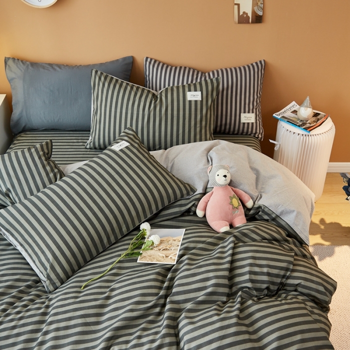 91家纺网 家纺一手货源 找家纺 宝士康家纺2022新款无印风系列床笠三件套 简约灰条