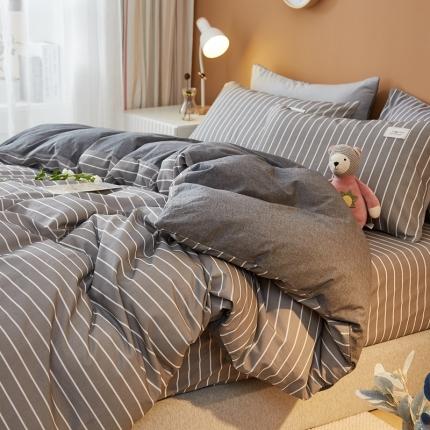 宝士康家纺2022新款无印风系列床笠三件套 麻灰白条