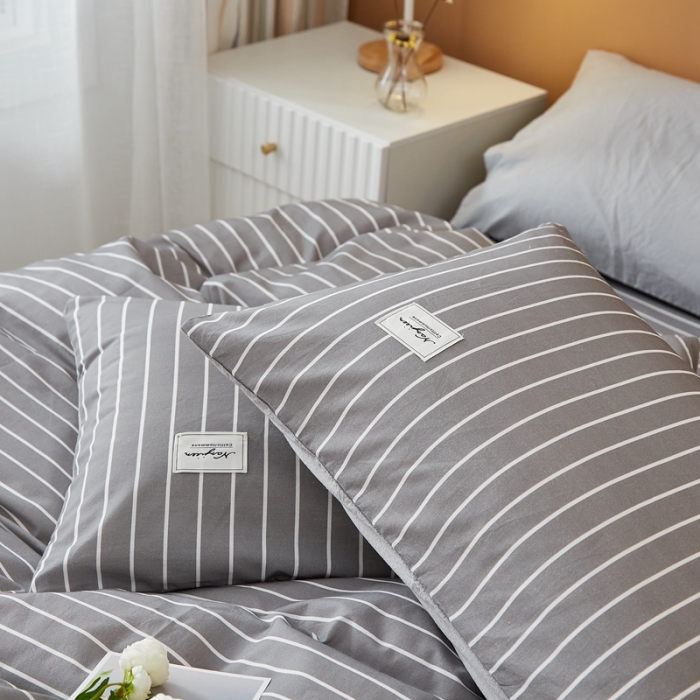 91家纺网 家纺一手货源 找家纺 宝士康家纺2022新款无印风系列床笠三件套 麻灰白条