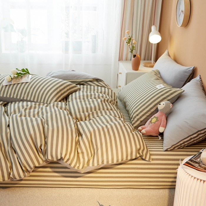 91家纺网 家纺一手货源 找家纺 宝士康家纺2022新款无印风系列床笠三件套 雅灰中条