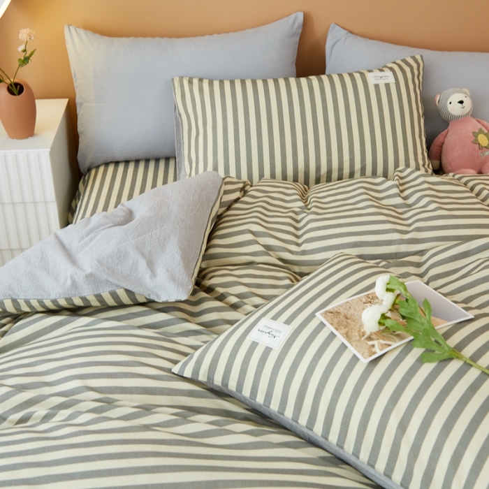 91家纺网 家纺一手货源 找家纺 宝士康家纺2022新款无印风系列床笠三件套 雅灰中条