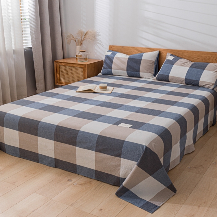 91家纺网 家纺一手货源 找家纺 宝士康家纺2023新款无印风系列床单三件套 深蓝大格