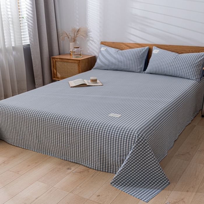 91家纺网 家纺一手货源 找家纺 宝士康家纺2023新款无印风系列床单三件套 天蓝小格