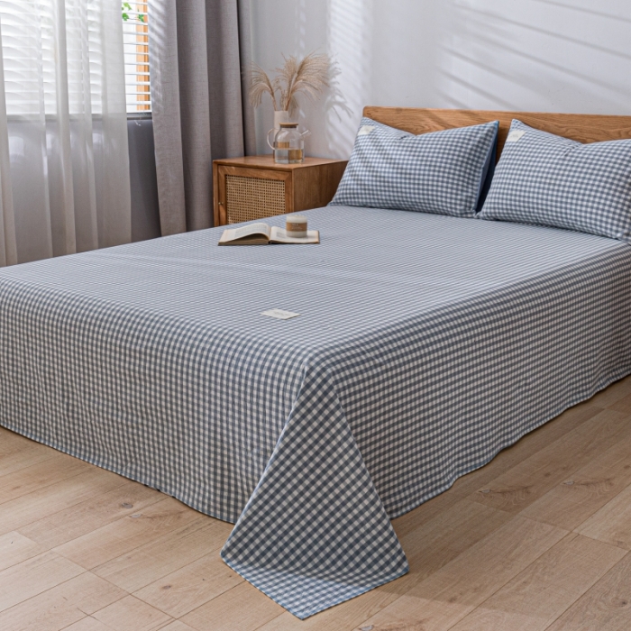 91家纺网 家纺一手货源 找家纺 宝士康家纺2023新款无印风系列床单三件套 天蓝小格