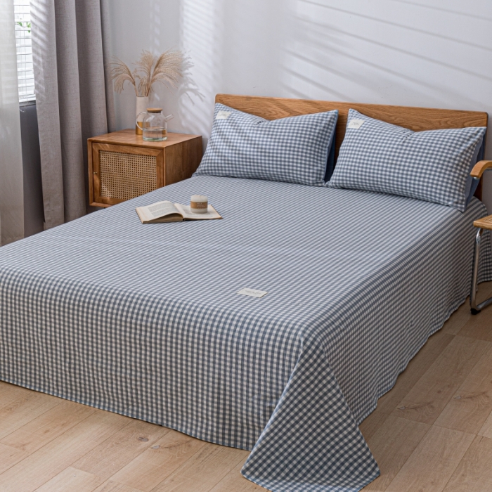91家纺网 家纺一手货源 找家纺 宝士康家纺2023新款无印风系列床单三件套 天蓝小格