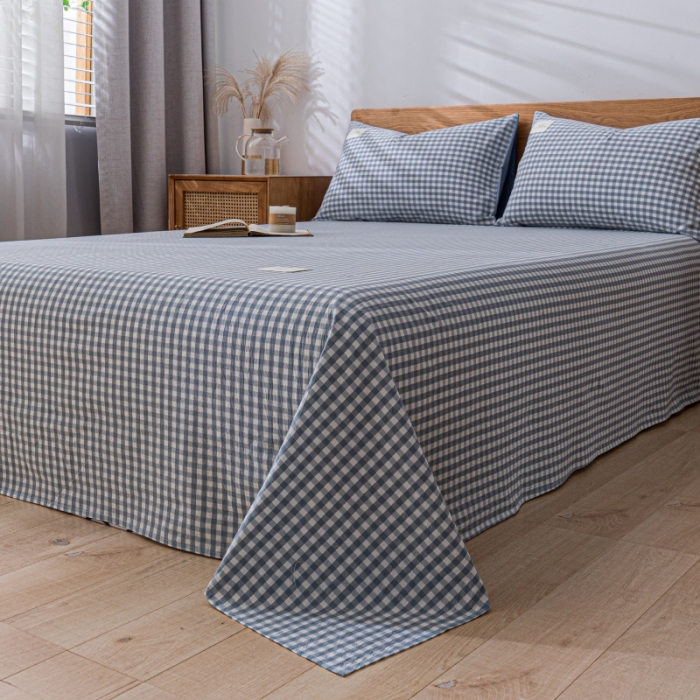 91家纺网 家纺一手货源 找家纺 宝士康家纺2023新款无印风系列床单三件套 天蓝小格