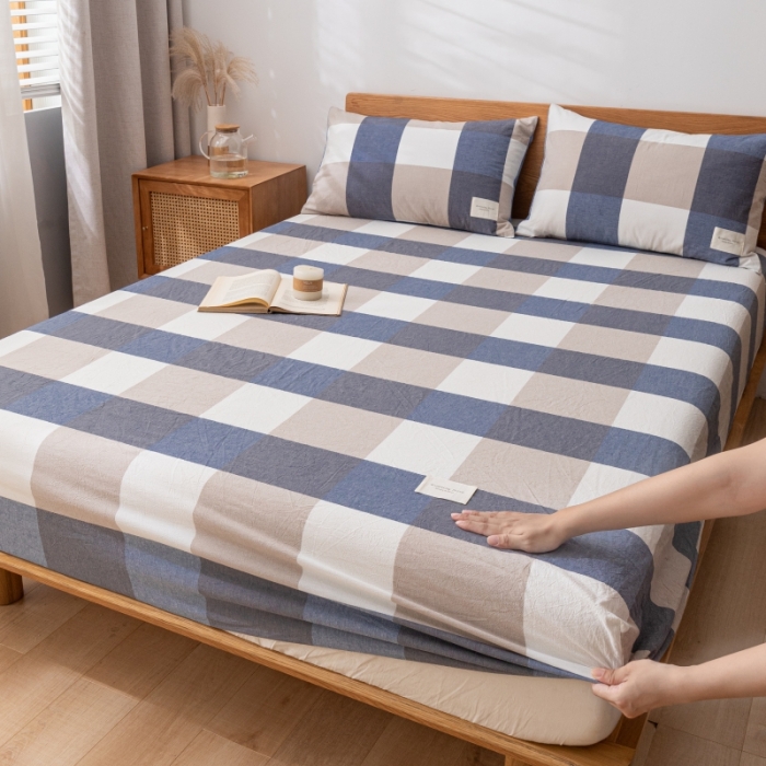 91家纺网 家纺一手货源 找家纺 宝士康家纺2023新款无印风系列床笠三件套 深蓝大格