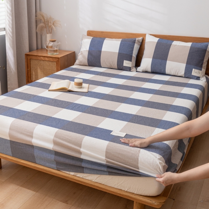 91家纺网 家纺一手货源 找家纺 宝士康家纺2023新款无印风系列床笠三件套 深蓝大格