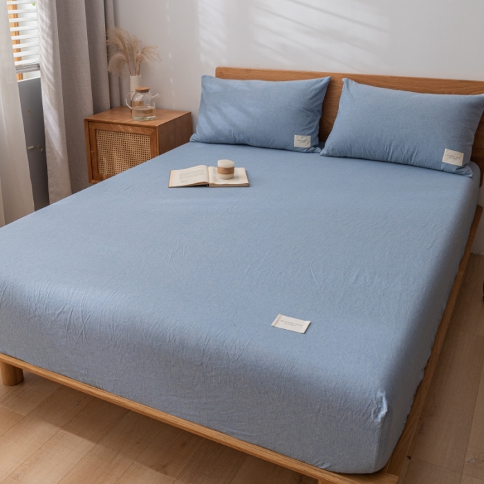 91家纺网 家纺一手货源 找家纺 宝士康家纺2023新款无印风系列床笠三件套 优雅蓝