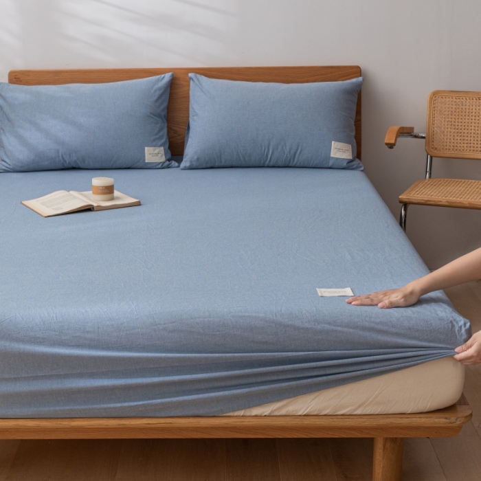 91家纺网 家纺一手货源 找家纺 宝士康家纺2023新款无印风系列床笠三件套 优雅蓝