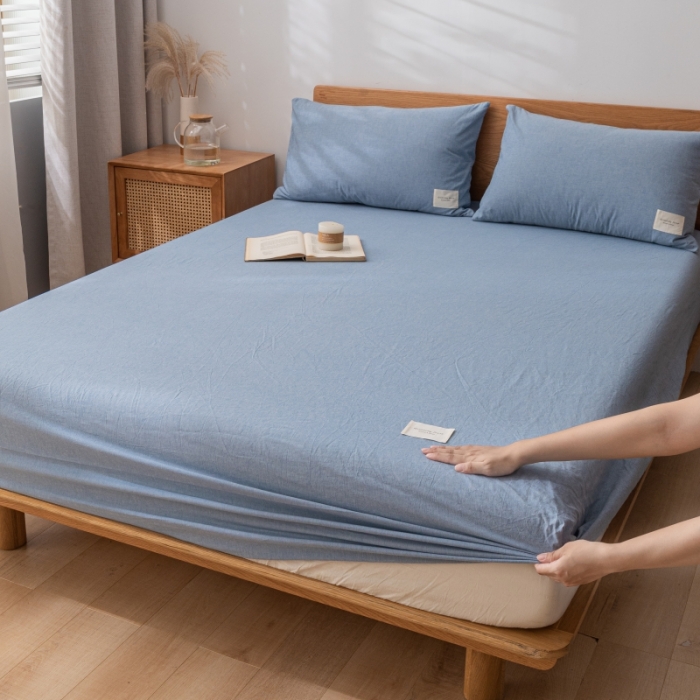 91家纺网 家纺一手货源 找家纺 宝士康家纺2023新款无印风系列床笠三件套 优雅蓝