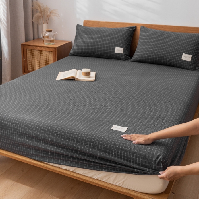 91家纺网 家纺一手货源 找家纺 宝士康家纺2023新款无印风系列床笠三件套 小灰格