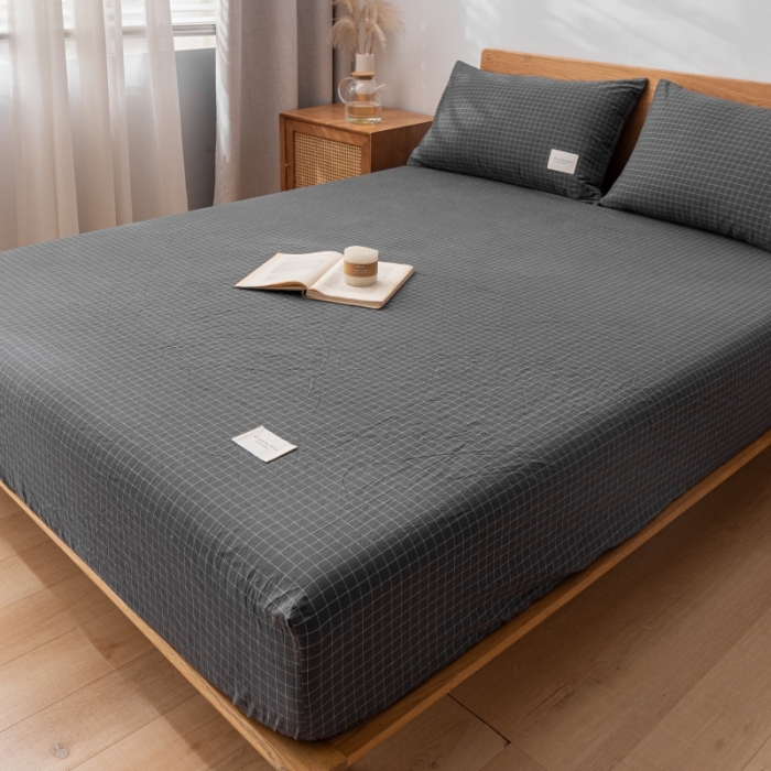 91家纺网 家纺一手货源 找家纺 宝士康家纺2023新款无印风系列床笠三件套 小灰格