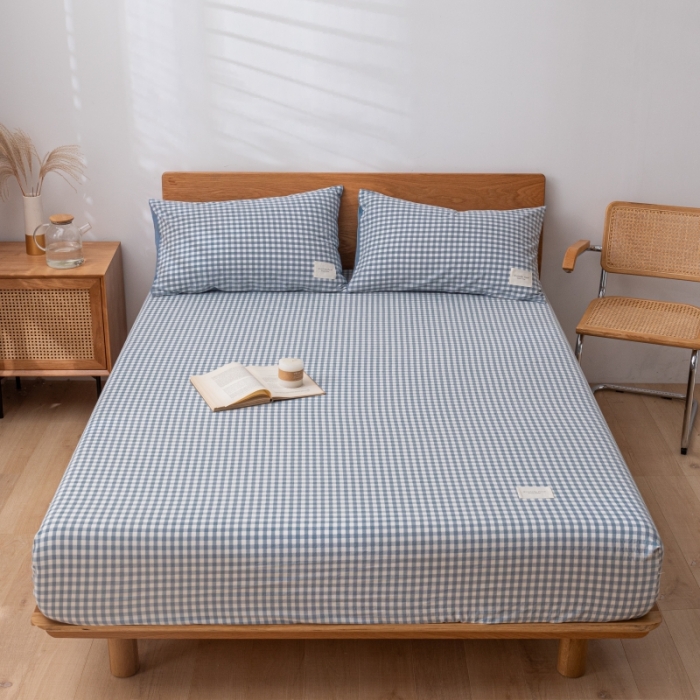 91家纺网 家纺一手货源 找家纺 宝士康家纺2023新款无印风系列床笠三件套 天蓝小格