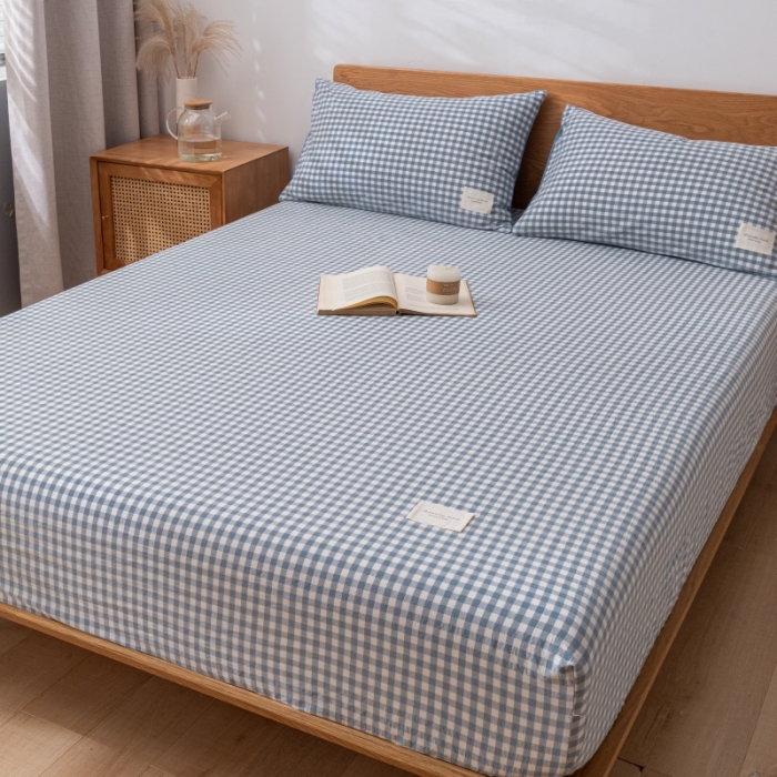 91家纺网 家纺一手货源 找家纺 宝士康家纺2023新款无印风系列床笠三件套 天蓝小格