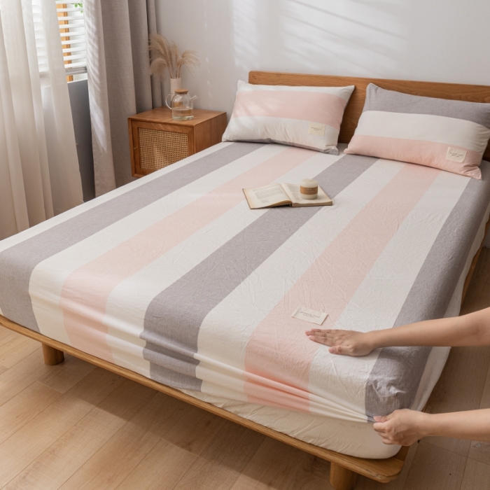 91家纺网 家纺一手货源 找家纺 宝士康家纺2023新款无印风系列床笠三件套 桃玉粉