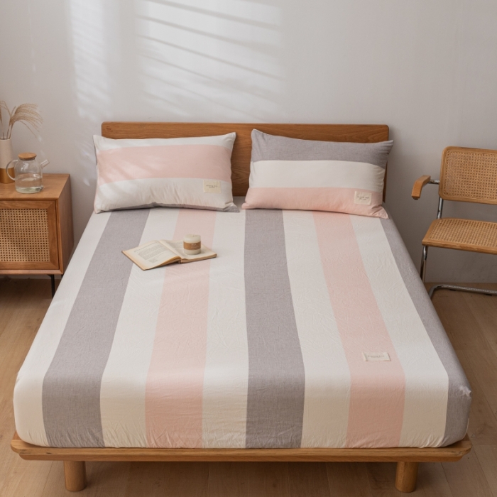 91家纺网 家纺一手货源 找家纺 宝士康家纺2023新款无印风系列床笠三件套 桃玉粉