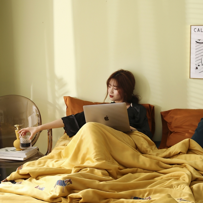 91家纺网 家纺一手货源 找家纺 汇庭 2020新款马德里天丝夏被-模特棚拍 黄色