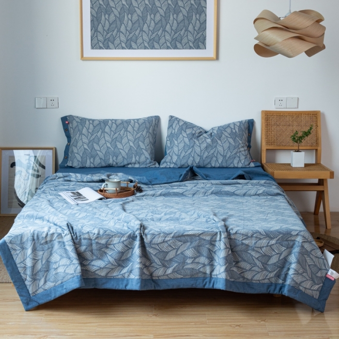 91家纺网 家纺一手货源 找家纺 （总）安莱生活 2023新款全棉双层纱色织大提花夏被落叶缤纷