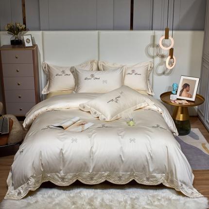 91家纺网 家纺一手货源 找家纺 总玖玖爱家纺2022新款100支贡缎长绒棉刺绣四件套-香奈尔