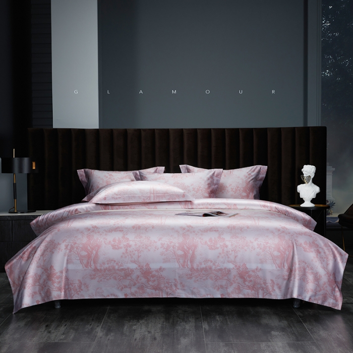 91家纺网 家纺一手货源 找家纺 缔缦 2022新款高端100s长绒棉数码印花系列四件套 图兰朵粉