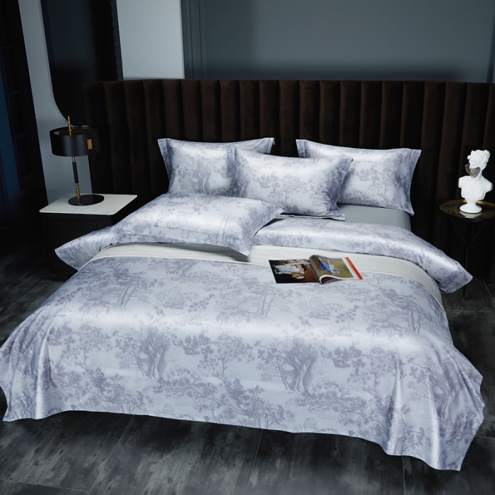 91家纺网 家纺一手货源 找家纺 缔缦 2022新款高端100s长绒棉数码印花系列四件套 图兰朵灰