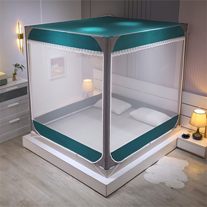 91家纺网 家纺一手货源 找家纺 艾晶美 2022新款双拼坐床布帘蚊帐（配加厚烤漆支架）森林绿