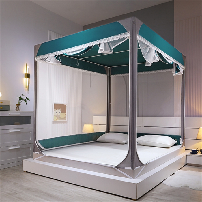 91家纺网 家纺一手货源 找家纺 艾晶美 2022新款双拼坐床布帘蚊帐（配加厚烤漆支架）森林绿