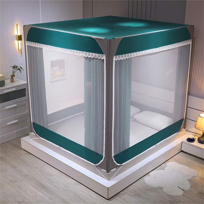 91家纺网 家纺一手货源 找家纺 艾晶美 2022新款双拼坐床布帘蚊帐（配加厚烤漆支架）森林绿