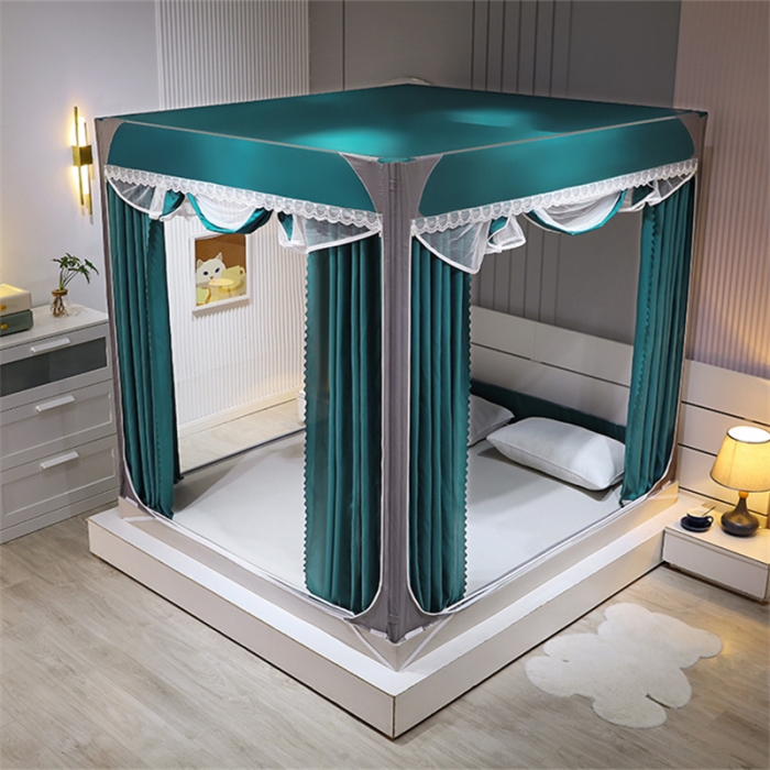 91家纺网 家纺一手货源 找家纺 艾晶美 2022新款双拼坐床布帘蚊帐（配加厚烤漆支架）森林绿