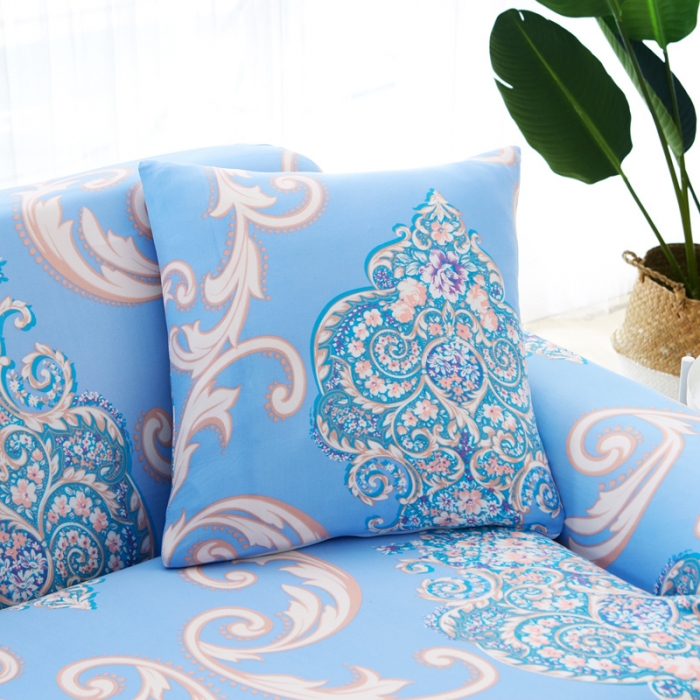 91家纺网 家纺一手货源 找家纺 逐日沙发套 2023新款牛奶丝印花沙发套 欧式花蓝色