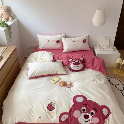 朗莎 2022新款全棉水洗棉迪士尼系列四件套 爱心草莓熊
