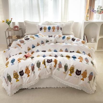 91家纺网 家纺一手货源 找家纺 2022新款13070全棉雪纺花边四件套被套床单床盖年年有余