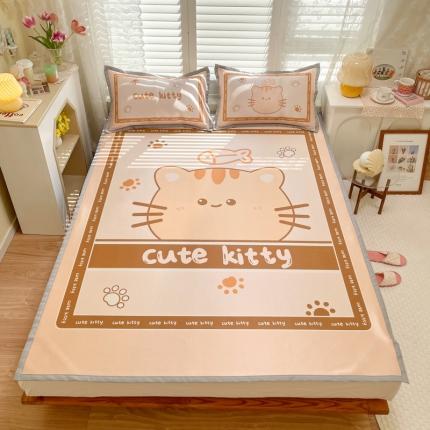 91家纺网 家纺一手货源 找家纺 柒月家居2022大版碳光冰丝凉席 可爱猫