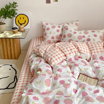 雅居纺 2022新款全棉13070印花小清新四件套 粉粉的小草莓