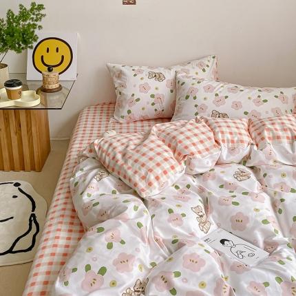 雅居纺 2022新款全棉13070印花小清新四件套 粉色小熊花