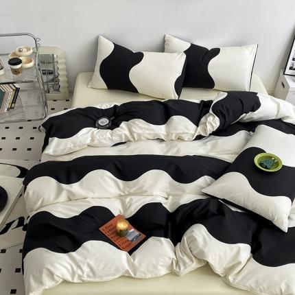 雅居纺 2022新款全棉13070印花小清新四件套 黑白波纹