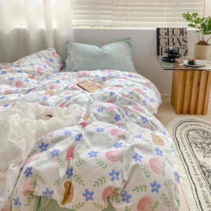 雅居纺 2022新款全棉13070印花小清新四件套 桃桃熊