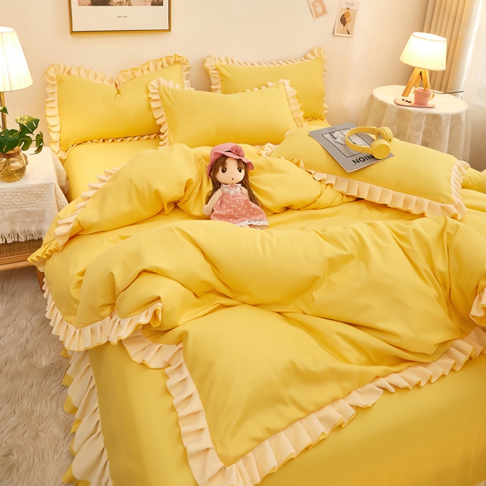 91家纺网 家纺一手货源 找家纺 莉莉安 2025新款韩版公主风亲肤单枕套-爱恋 爱恋-布丁黄/只